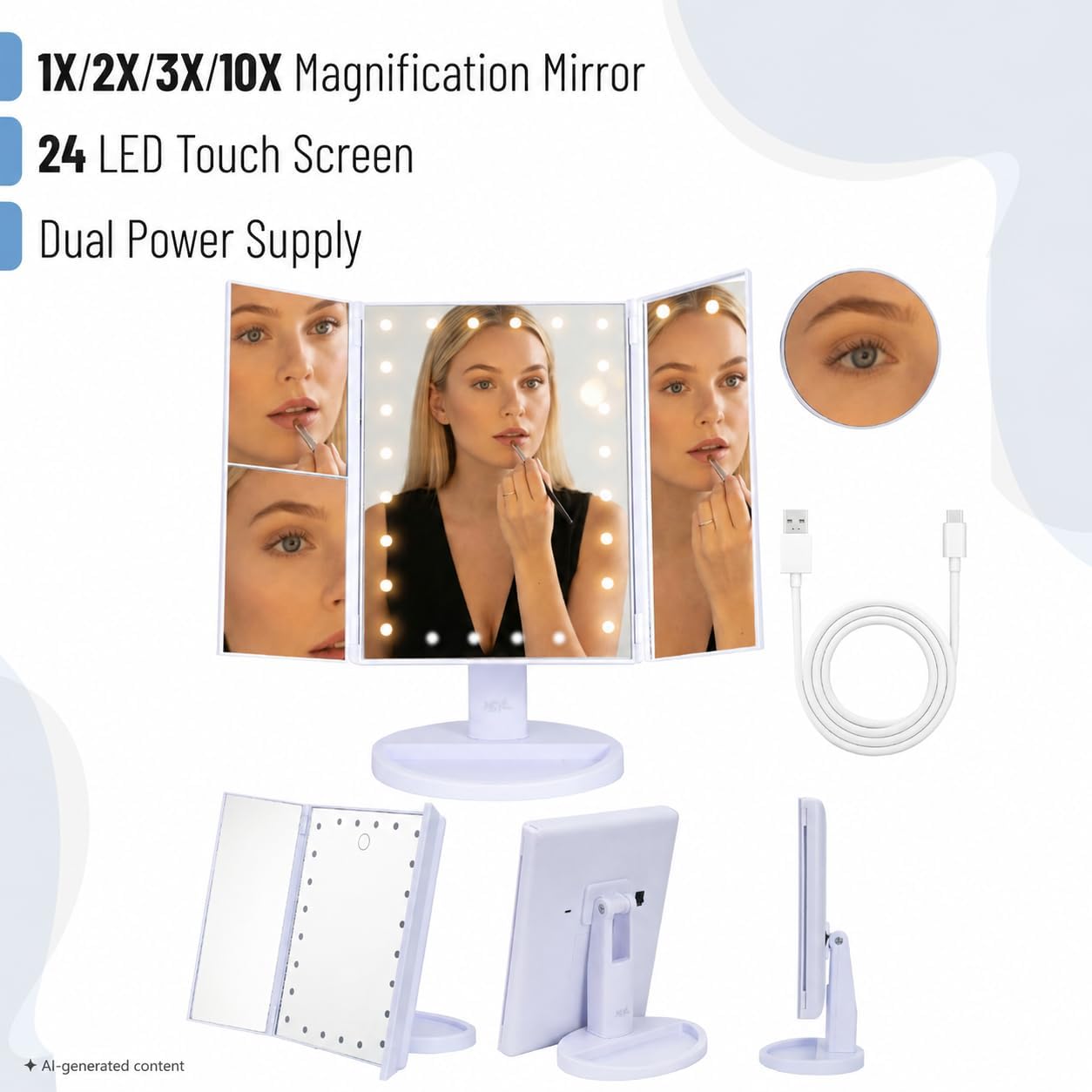 Ms. Pen- Tri-Fold Makeup Mirror Vanity With Lights, 9" X 13.6" | 1X/2X/3X/10X Magnification, 24 LED Touch Screen, Dual Power Supply, 180° Rotation