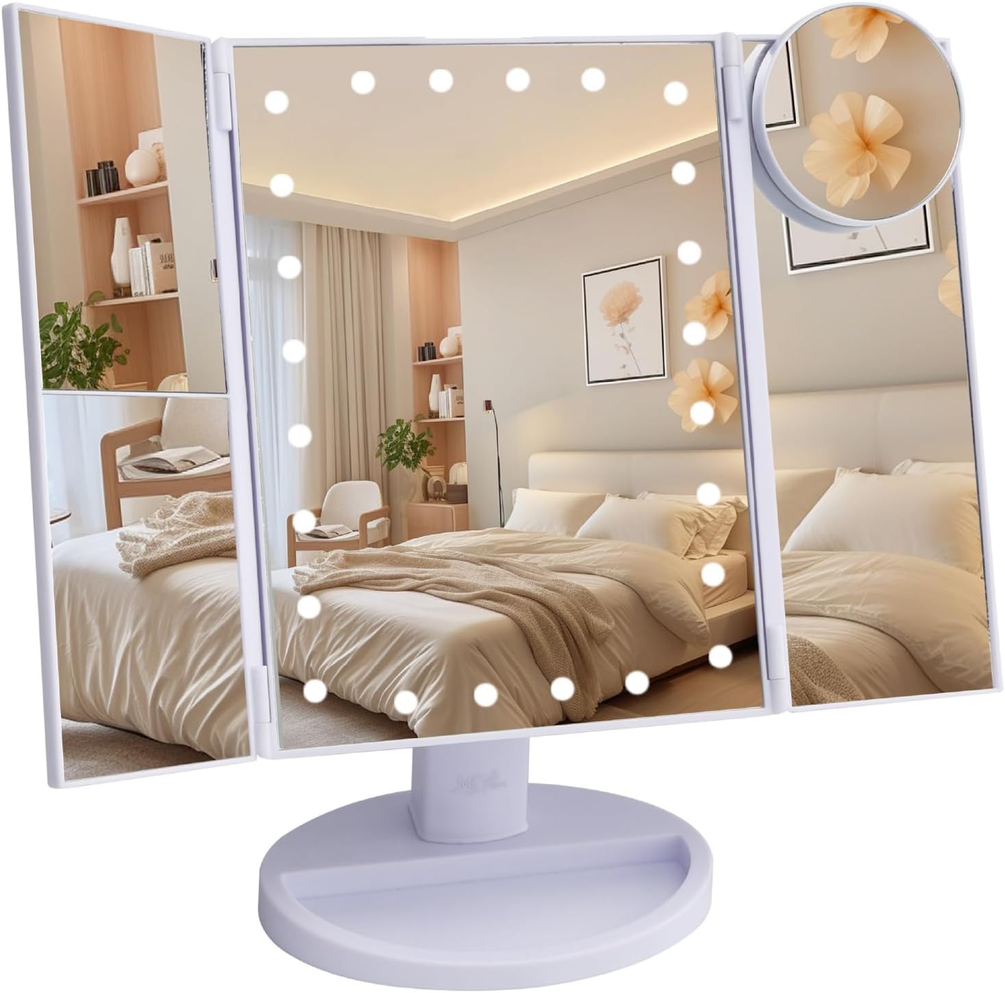 Shows the overall design, white finish, tri-fold layout, and lighted frame for first impression and visual appeal.