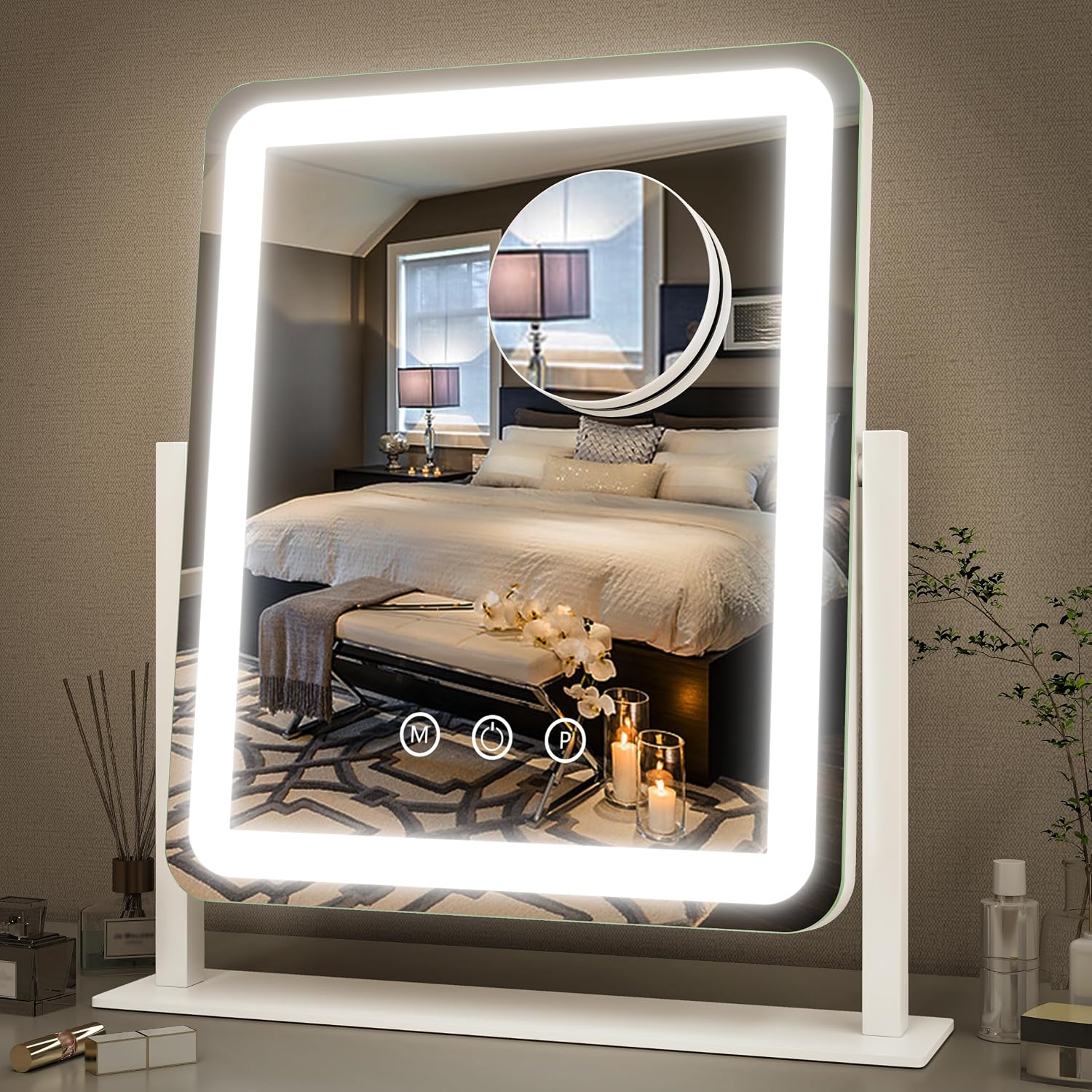 Overall design, size, and the fact that it is a lighted vanity mirror made for tabletop makeup use.