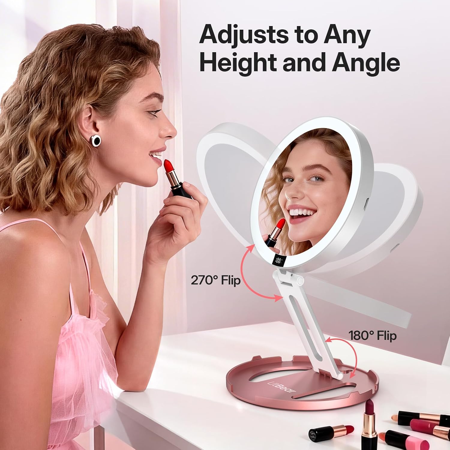 Litbear Travel Makeup Mirror With Lights, 10X/1X Foldable Magnifying Mirror | 2-Sided, Rechargeable & Portable Lighted Makeup Mirror For Beauty, 3 Color Lighting, Dimmable Touch Screen, Smart Display