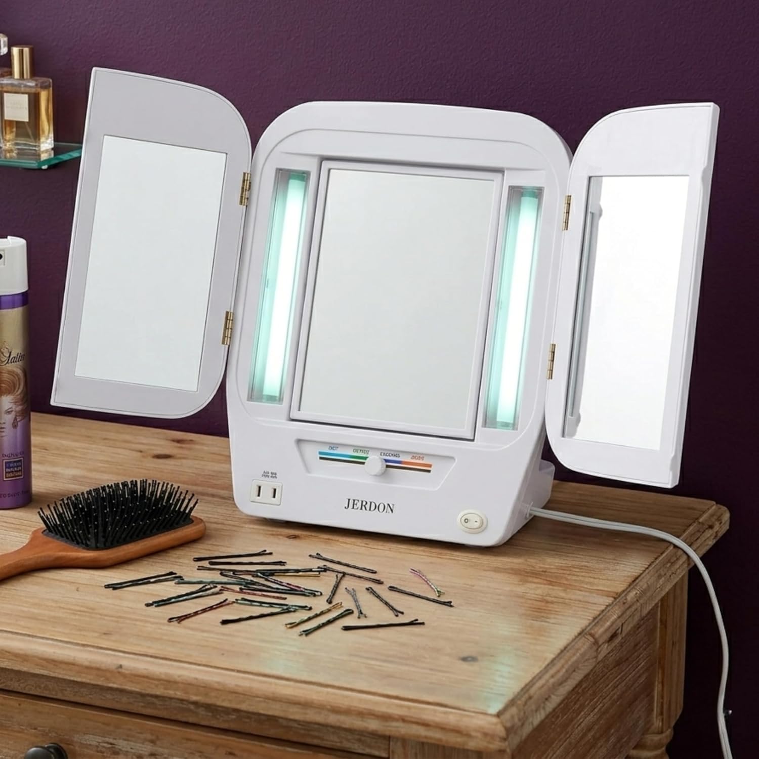 Jerdon Tri-Fold Lighted Makeup Mirror With 5X Magnification – Vanity Mirror With 4 Light Settings & Built-In Outlet – Space-Saving Trifold Design, 22" X 12.5" Open – Model Jgl10W | Modern Tri-Fold Design, Multiple Light Settings