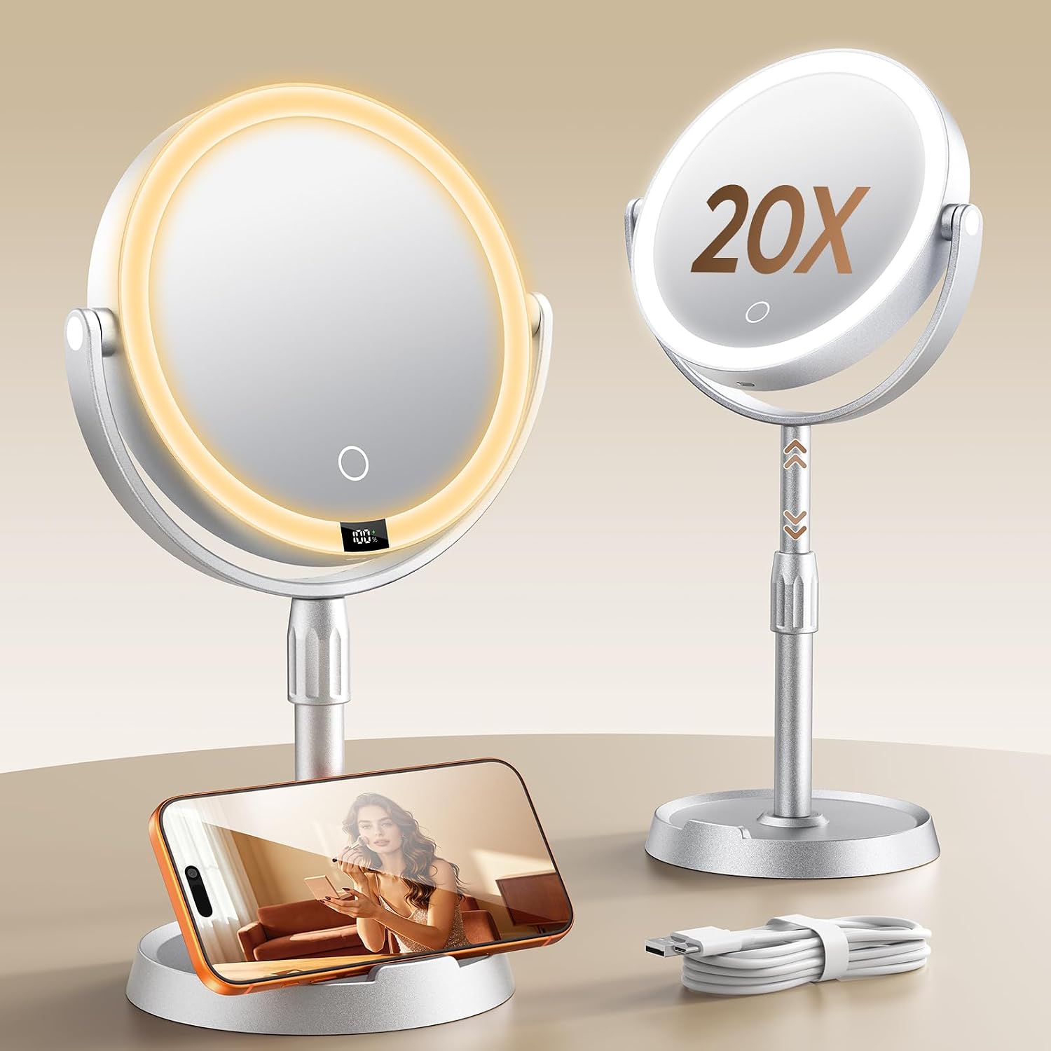 Overall design, size, and the fact that it is a lighted, double-sided magnifying mirror with a clean modern look.