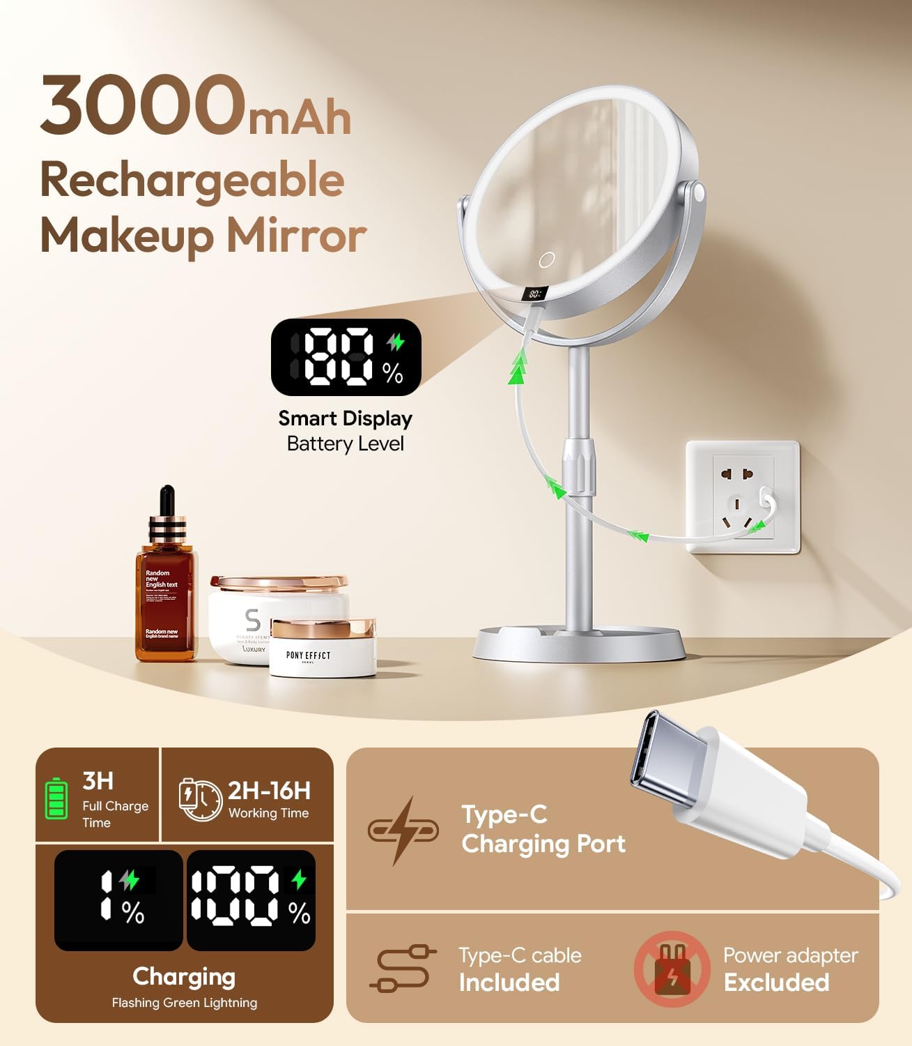 7" Abs Lighted Makeup Mirror With Lights, 1X/20X Magnifying Mirror With Light And Digital Display, 2.6In Height Adjustable, Rechargeable, 3 Color Modes For Makeup & Shaving, Easy To Detach, Women Gift