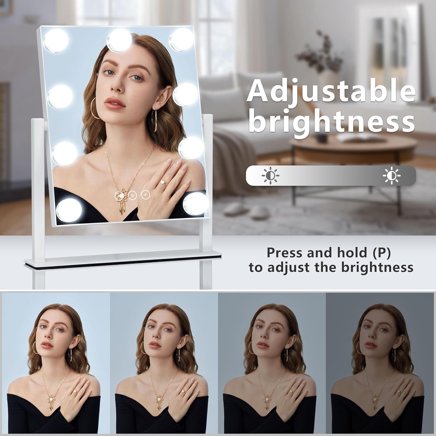 Supports the claims about 9 LED bulbs, framed construction, and the mirror’s modern look.