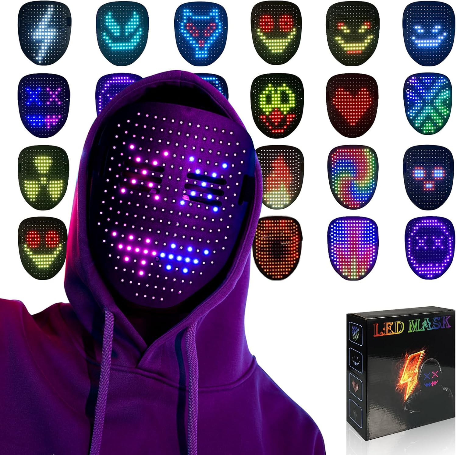 Highlights the main selling point: the mask’s dramatic illuminated look and instant visual impact.