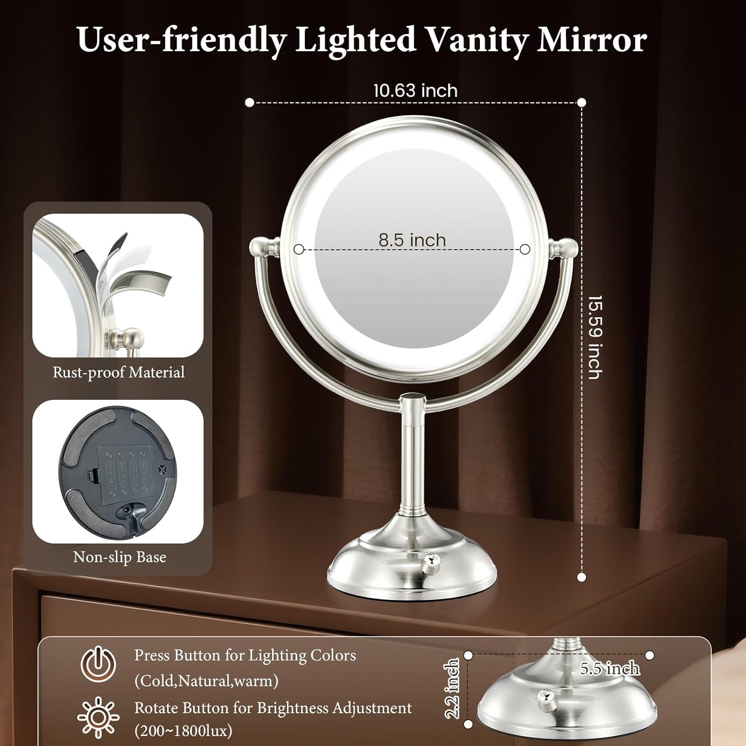 Vesaur LED Makeup Mirror, Pearl Nickel