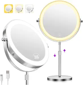 1X/30X Makeup Mirror With Lights, Height Adjustable Double Sided Vanity Mirror, 360° Rotation Cosmetic Mirror For Desk Bathroom, Ideal Gift For Women (Nickel)