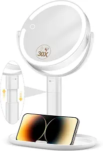 Momokuba Makeup Mirror With Lights, 30X Magnifying & Height Adjustable, Lighted Magnifying Mirror With 3 Light Modes And Stepless Dimming, Vanity Mirrors For Bathroom, Birthday Gift For Women, White