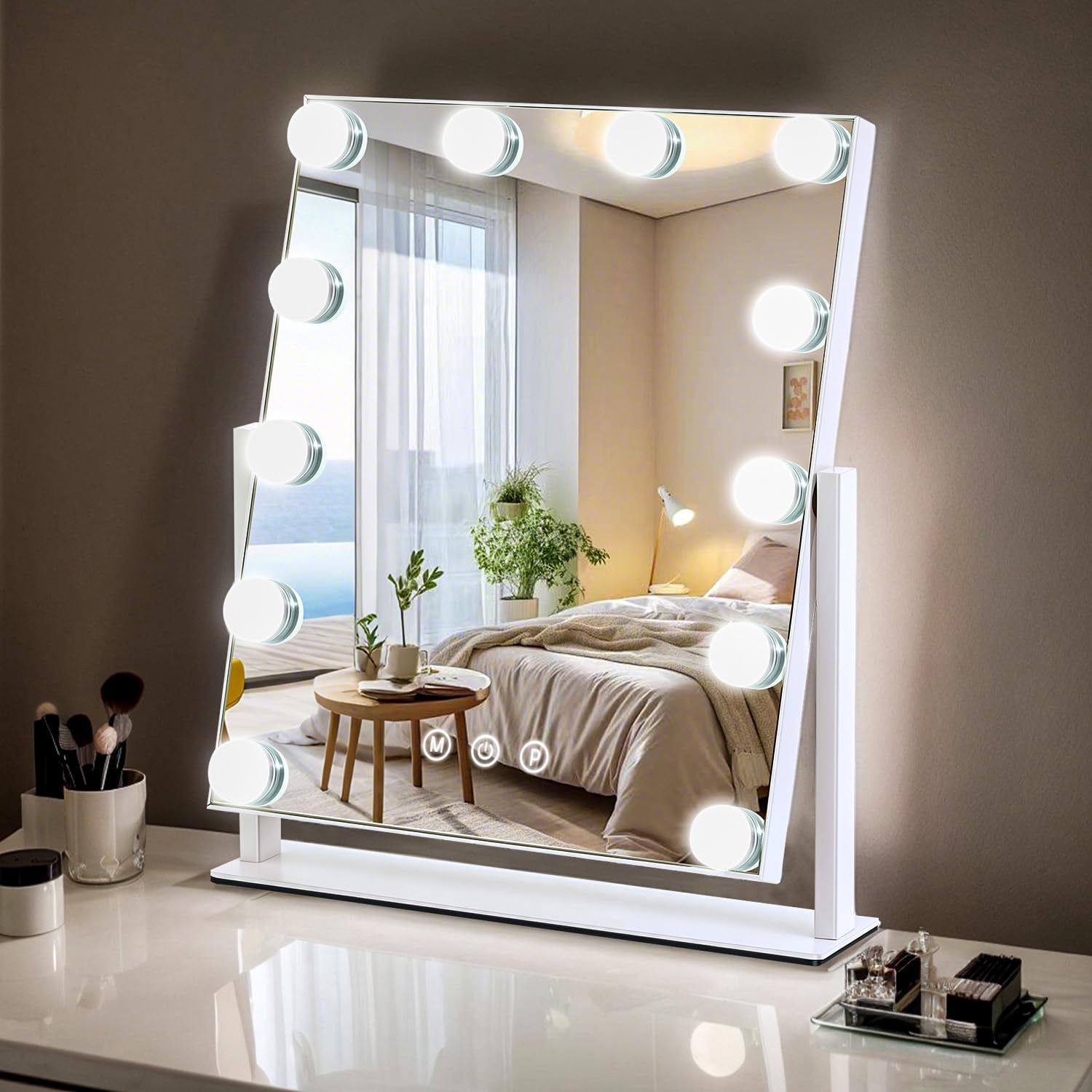 Vanity Mirror With Lights, 13'' X 11'' Lighted Makeup Mirror For Desk, Hollywood Mirror With 12 Dimmable Bulbs, 3 Color Modes, Smart Touch Control, 360°Rotation, Gifts For Girls, Women, Wife