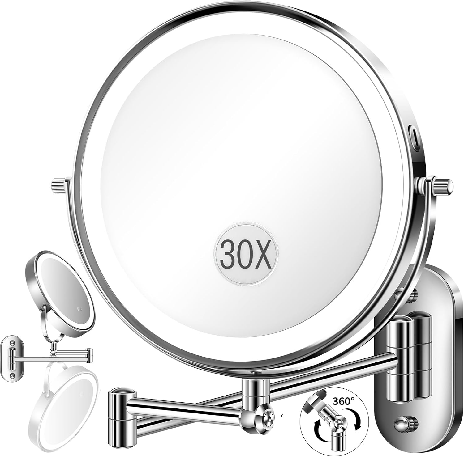 9'' 30X/1X Wall Mounted Height Adjustable Lighted Magnifying Makeup Mirror