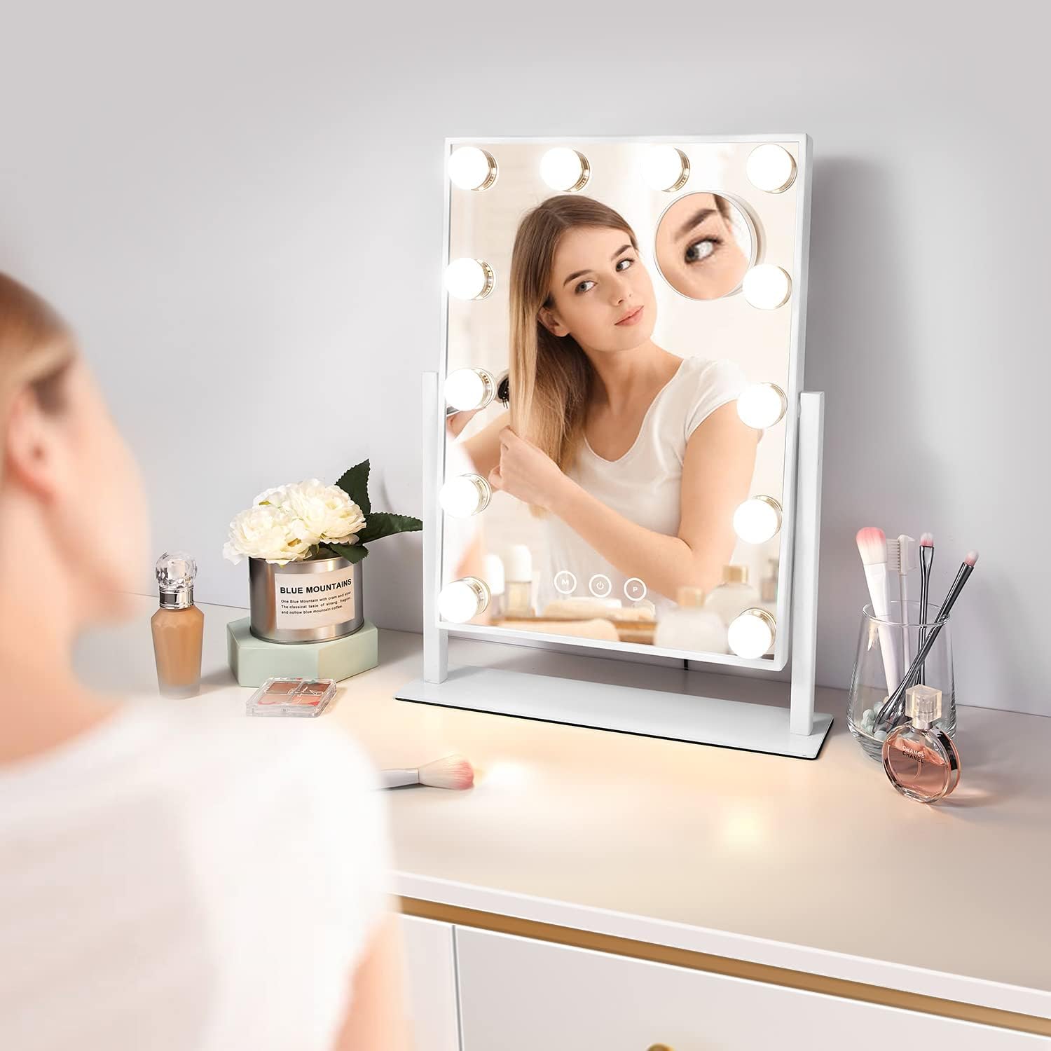 Vanity Makeup Mirror With Lights, 3 Color Lighting Modes Detachable 10X Magnification Mirror Touch Control, 360°Rotation, White (14.6Inch)