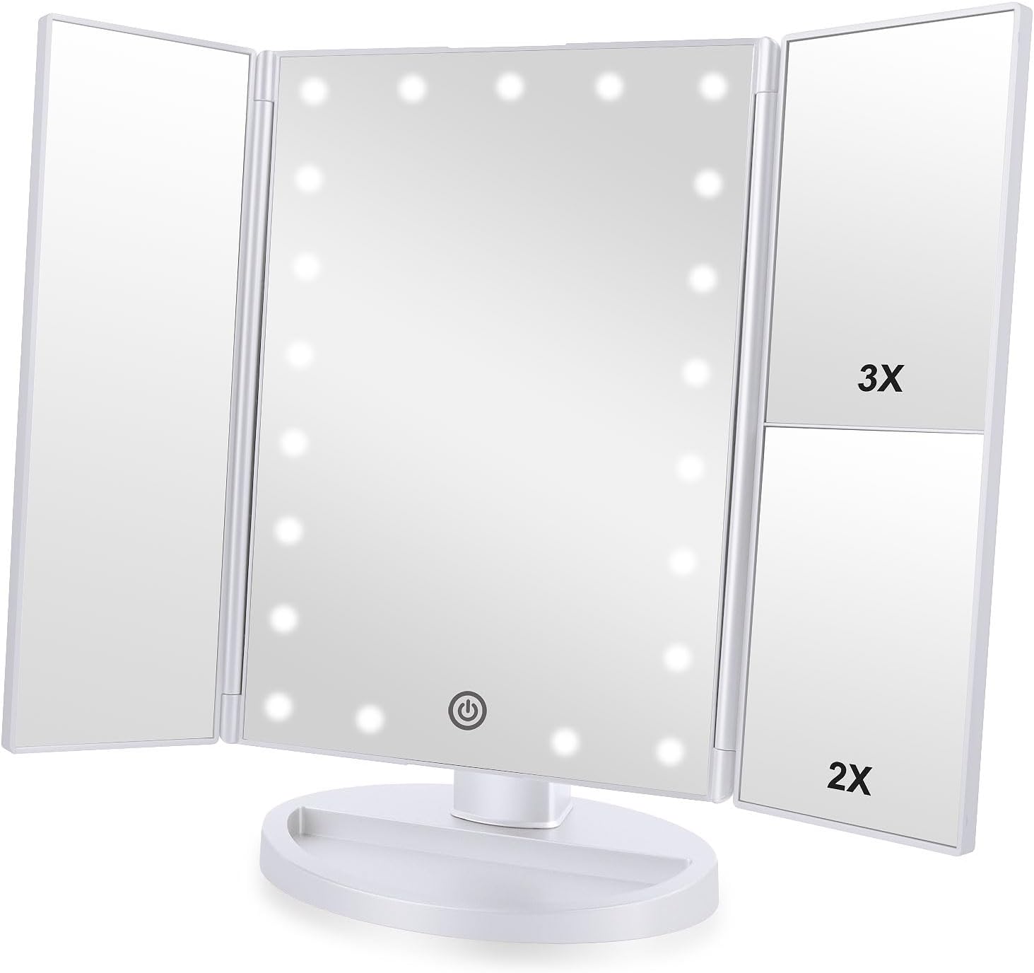 Overall design, compact footprint, and the tri-fold layout that makes the mirror look portable and easy to place on a countertop.