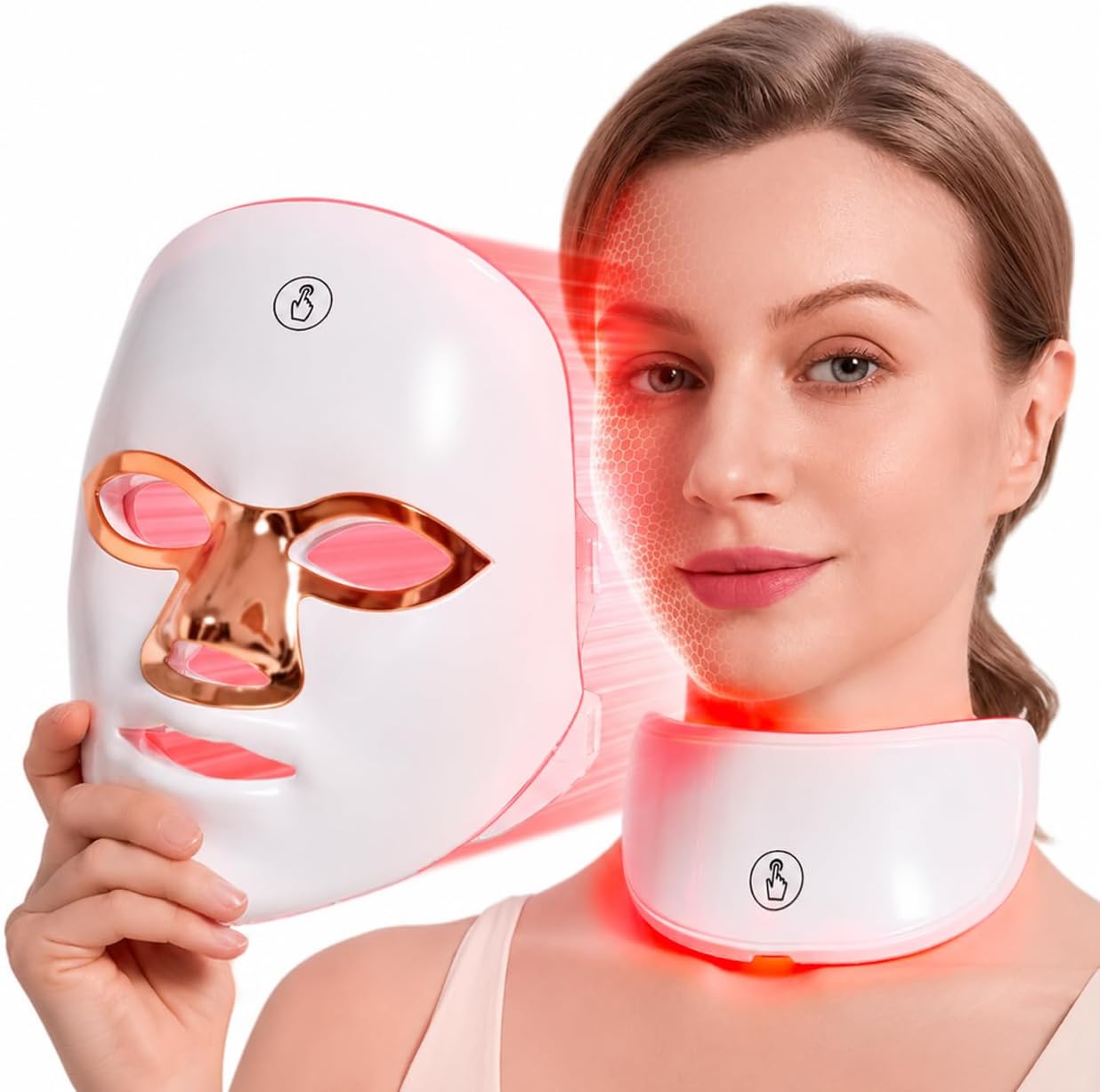 Highlights the product identity, form factor, and the fact that it is a full-face light therapy mask.