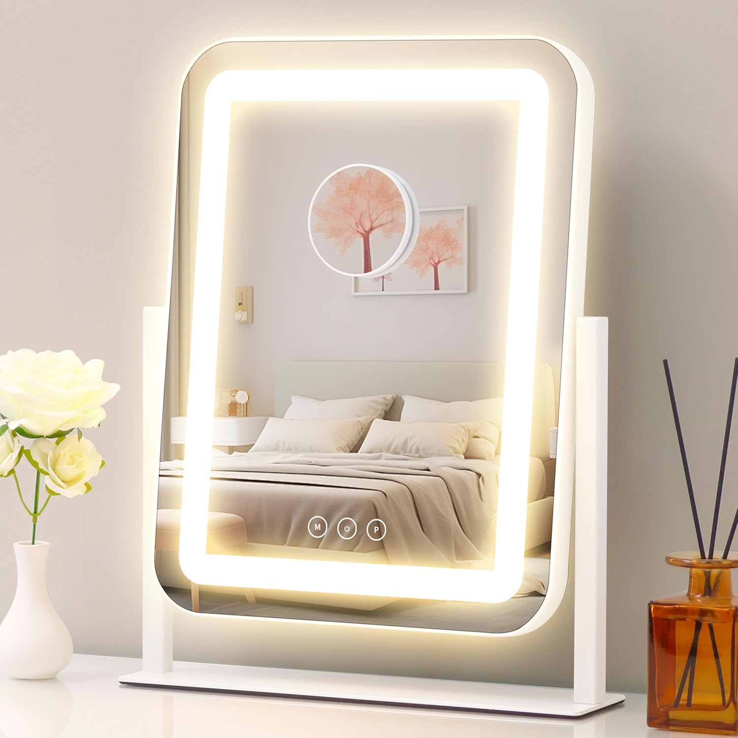 Vanity Mirror With Lights,13.1"×16.7"LED Makeup Mirror,Lighted Makeup Mirror With Lights, Smart Touch Control Dimmable 3 Modes Light, Lighted Up Mirror For Makeup Desk, Bedroom, Dressing Room