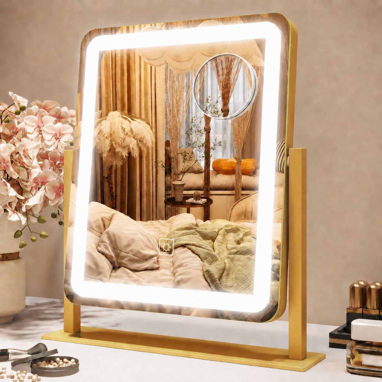 Overall design, gold finish, tabletop format, and the fact that it is an LED lighted makeup mirror.