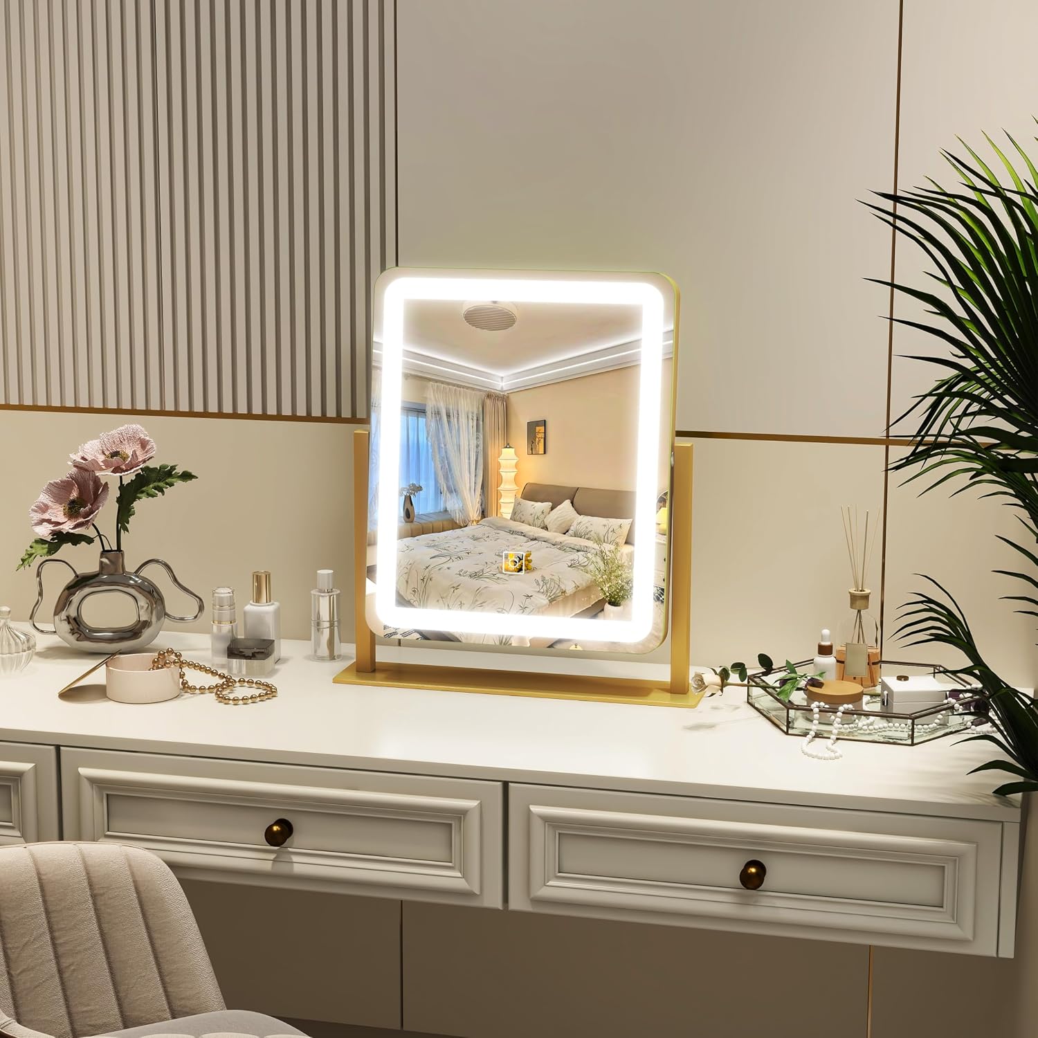 Rolove Vanity Mirror With Lights, 12.6"×15" LED Makeup Mirror, Lighted Makeup Mirror With Lights, Smart Touch Control Dimmable 3 Modes Light, Lighted Up Mirror For Makeup Desk, Gold