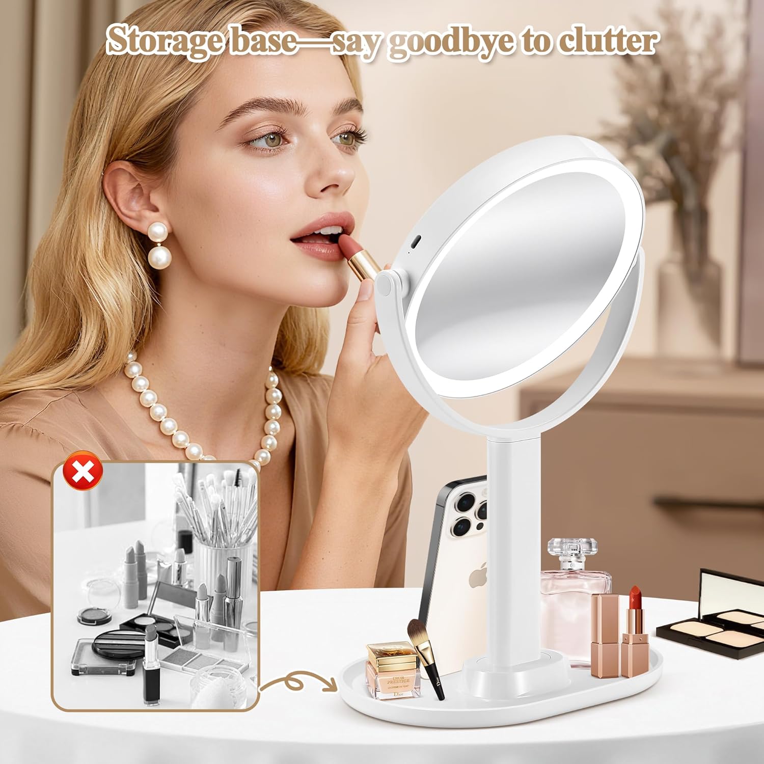 Momokuba Makeup Mirror With Lights, 20X Magnifying Mirrors, Height Adjustable, Vanity Mirror With Lights Rechargeable 3 Color Modes, Double-Sided Detachable Travel Mirrors, Gift For Women (White)
