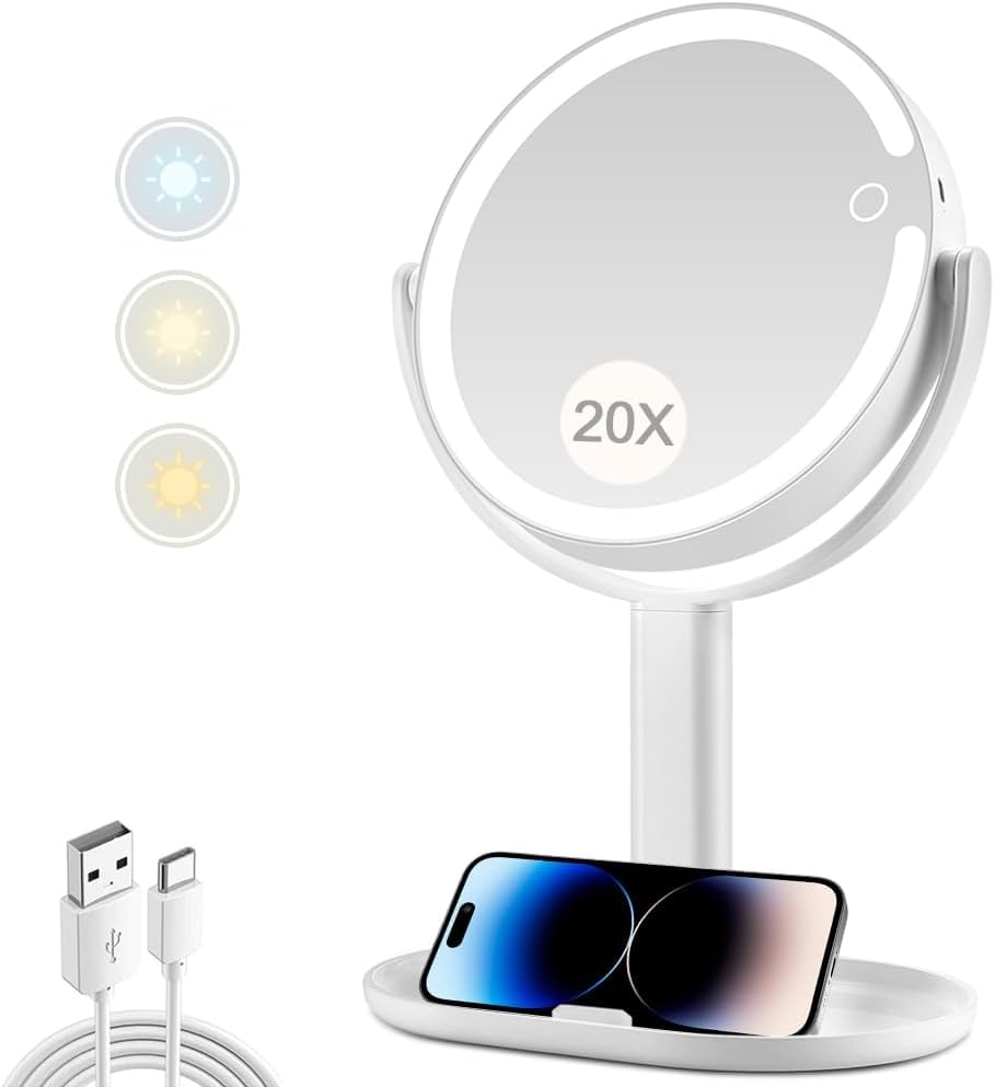 Miyadiva Makeup Mirror With Lights,20X Magnifying Mirror With Light And Touch Switch,Vanity Mirror With 3 Color Light And 80 LEDs,2-Sided Lighted Magnified Mirror 8.8 Inches