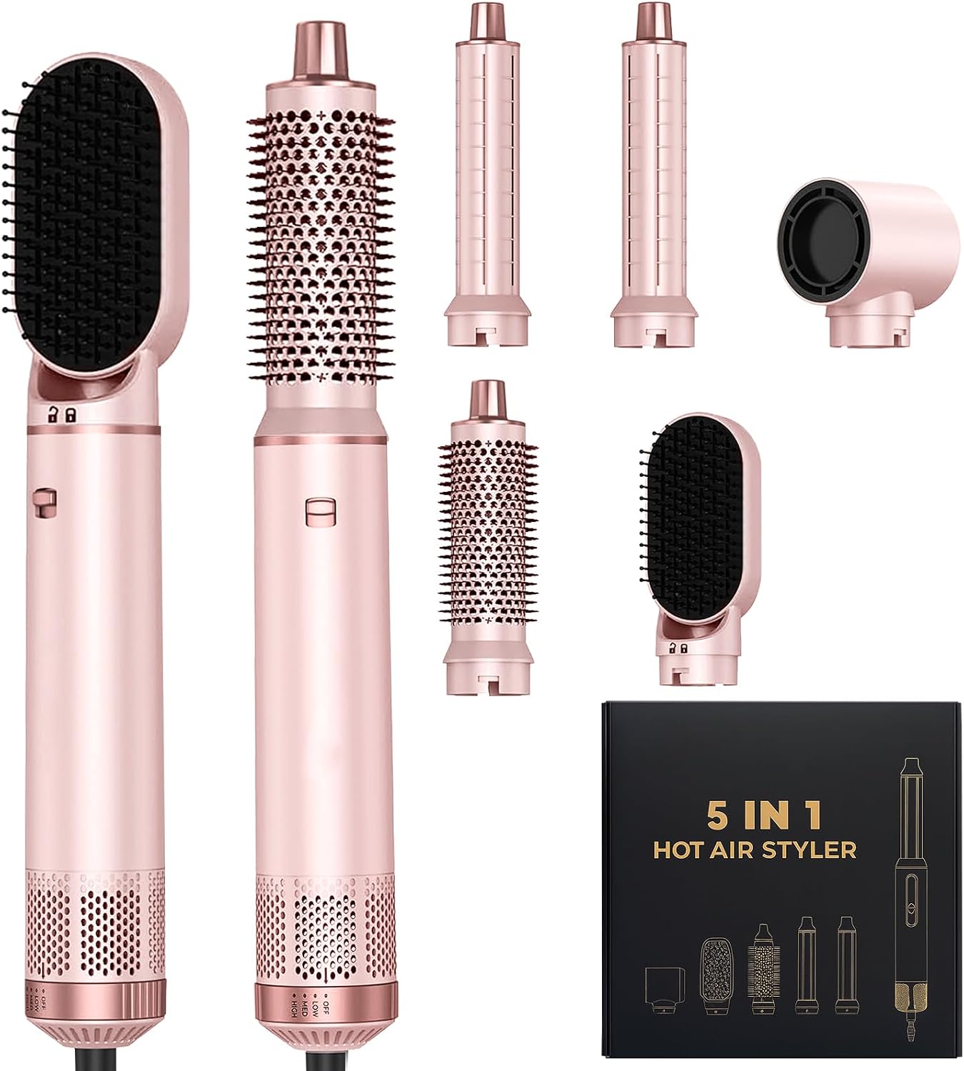 5-In-1 Hair Styler, Blow Dryer Brush & Auto-Wrap Air Curler, Pink | Professional Multi Hair Styling Tool For Drying, Curling, Straightening And Volumizing With Interchangeable Attachments.