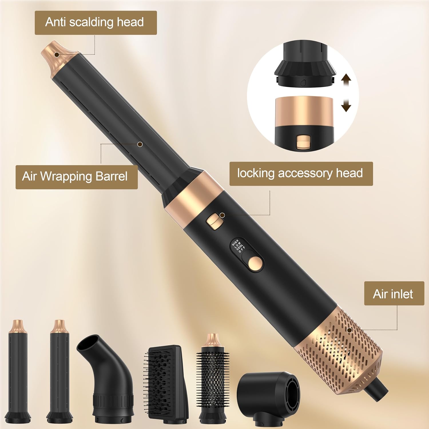 6-In-1 Hot Air Hair Styler Brush, 950W Hair Styler Hot Air Curlers Auto Wrap Multi Styler Hair Tools With 3 Level Temp Settings Suitable For Straight Curl Drying Smoothing Volumizing