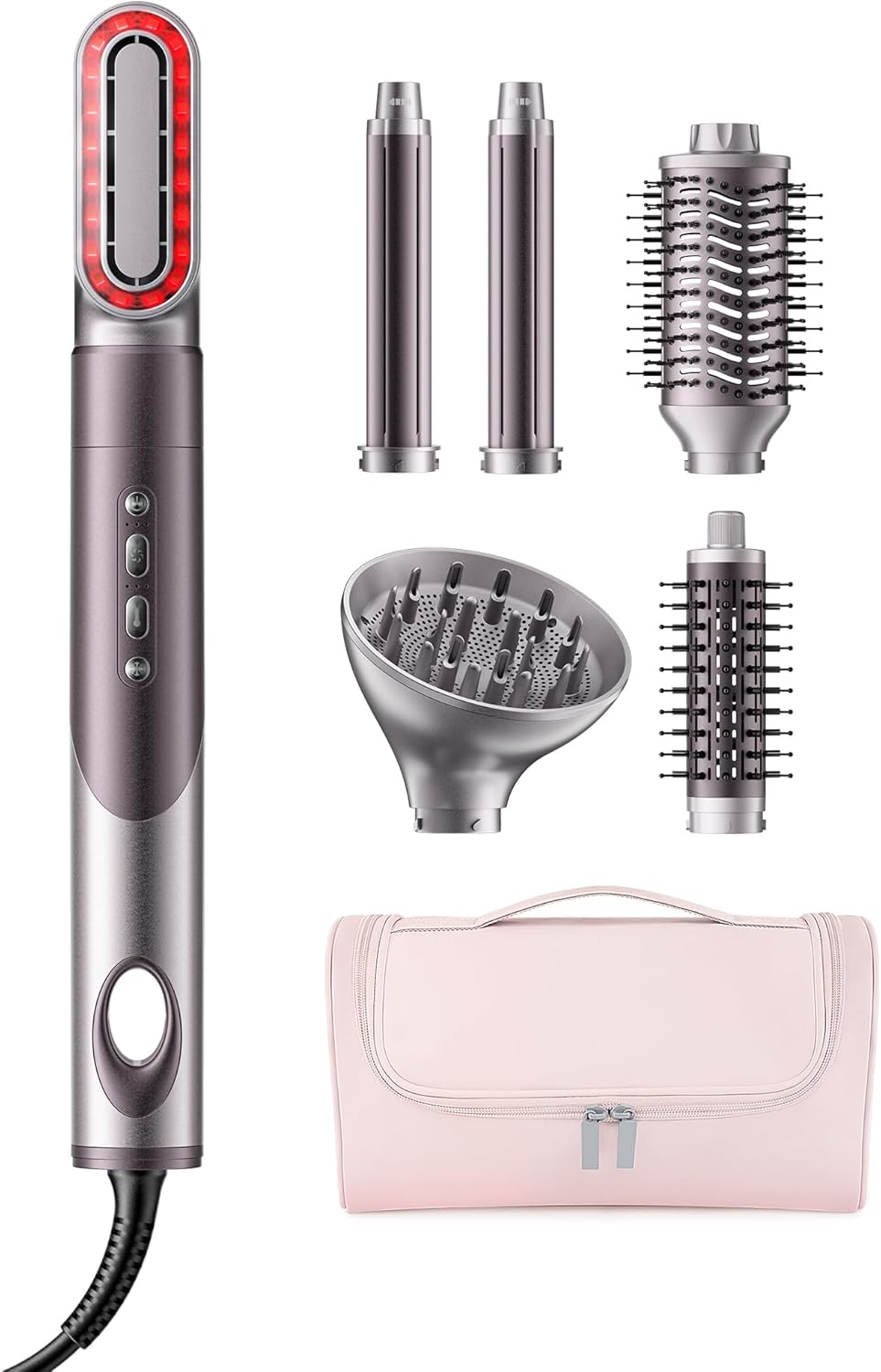 Highlights the full kit, purple colorway, and multi-attachment concept, which helps communicate that this is an all-in-one styling tool.
