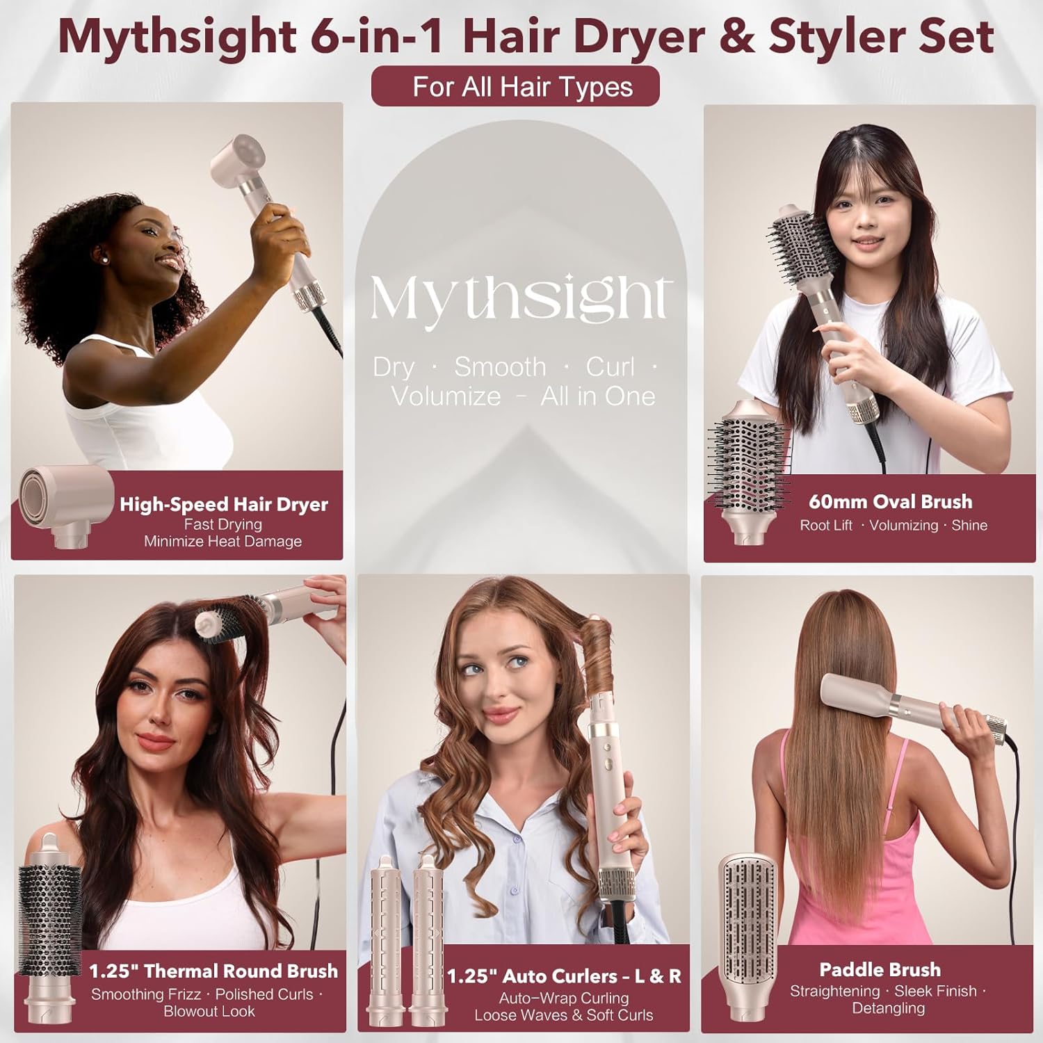 Mythsight Stylevibe 6-In-1 Air Styler With Hair Dryer & Auto-Wrap Curl L/R | Blow Dryer Brush, Thermal Brush And Straightener Brush For Fast Drying, Curls, Volumizing, Smooth Blowouts And Frizz Control