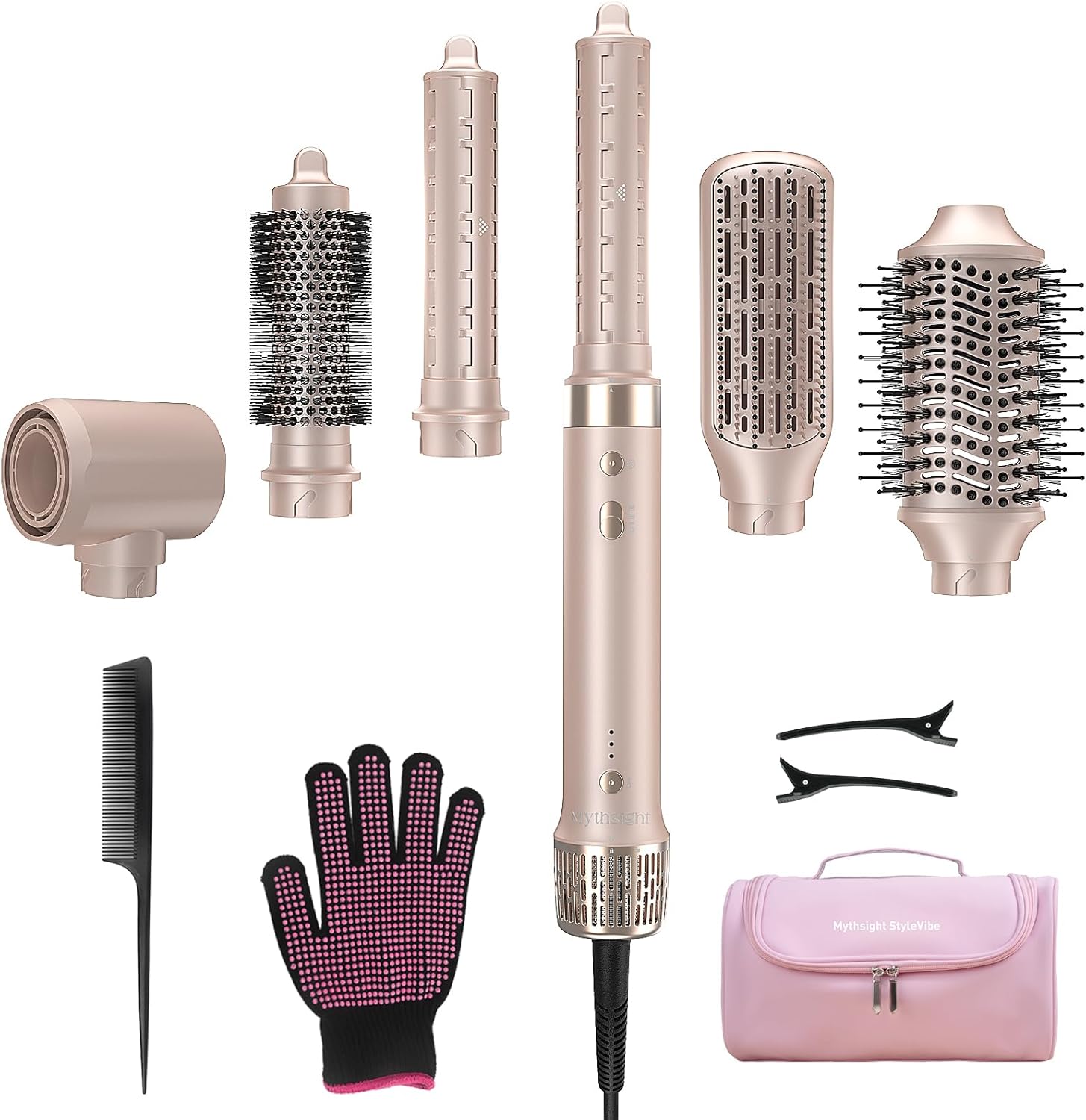 Highlights the all-in-one multi-styler concept and the variety of attachments included.