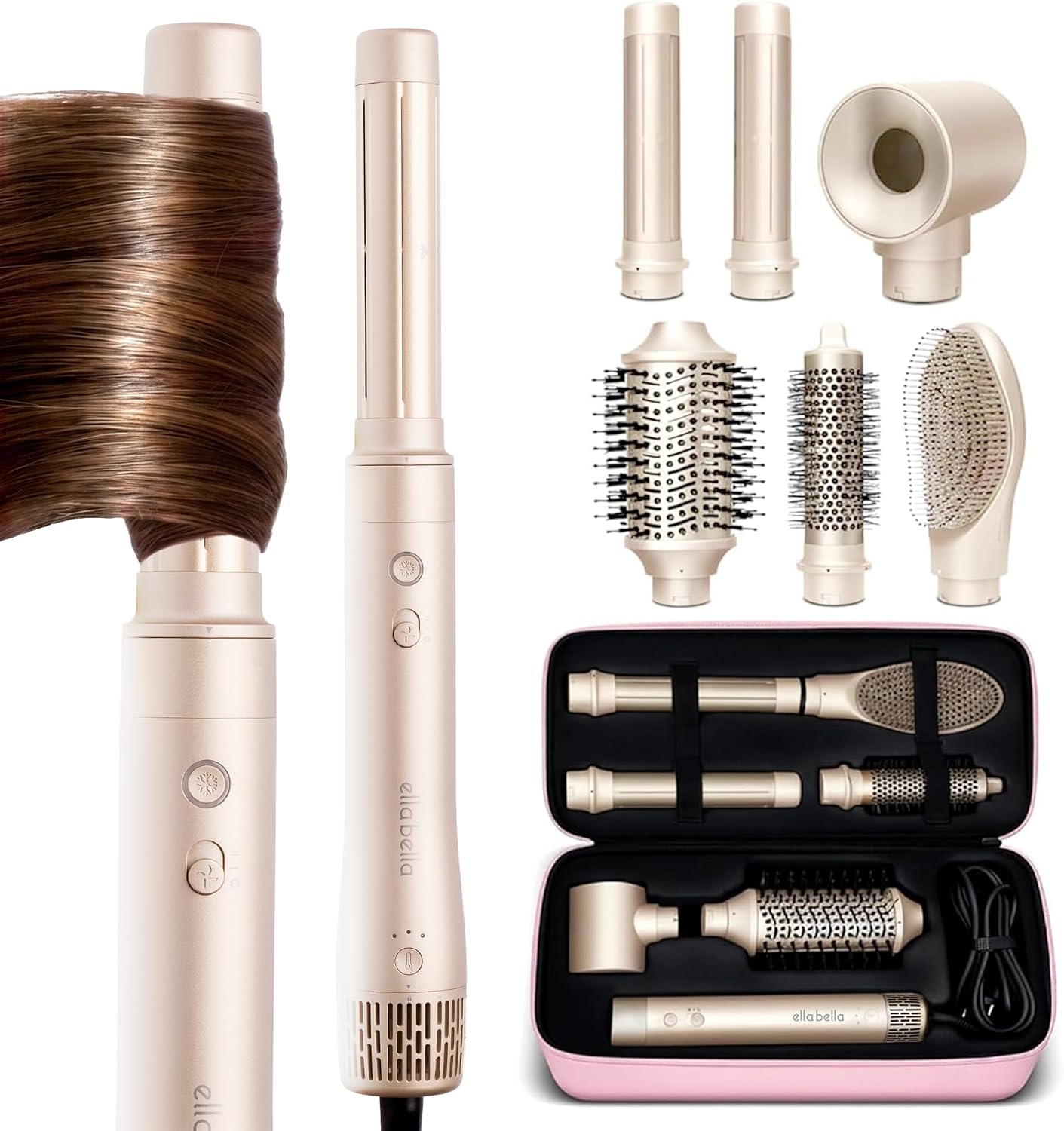 Ella Bella® 6 In 1 Professional Hot Air Styler & Straightener, Fast Drying | Powerful Hair Dryer Set - Styling Without Heat Damage. Curling, Volumizing. Includes Protective Travel Case