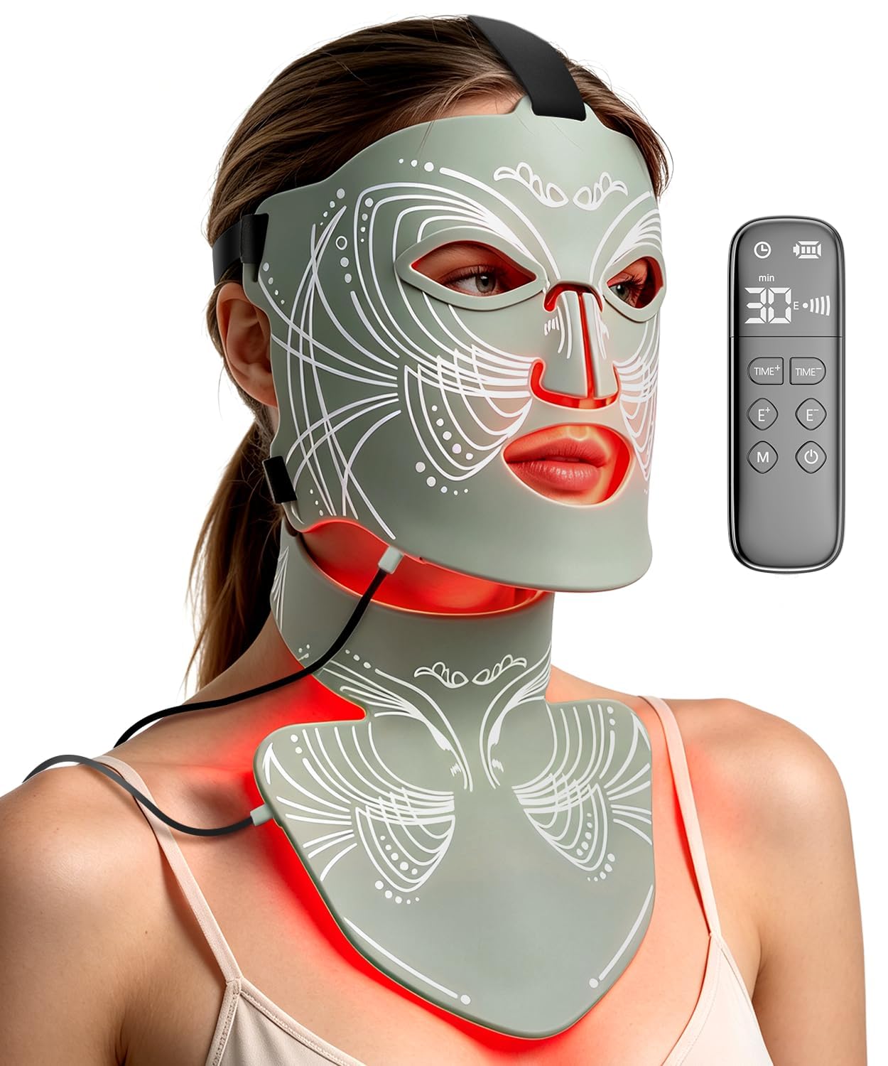 Shows the core design, overall form factor, and that this is a wearable light therapy device for both face and neck.