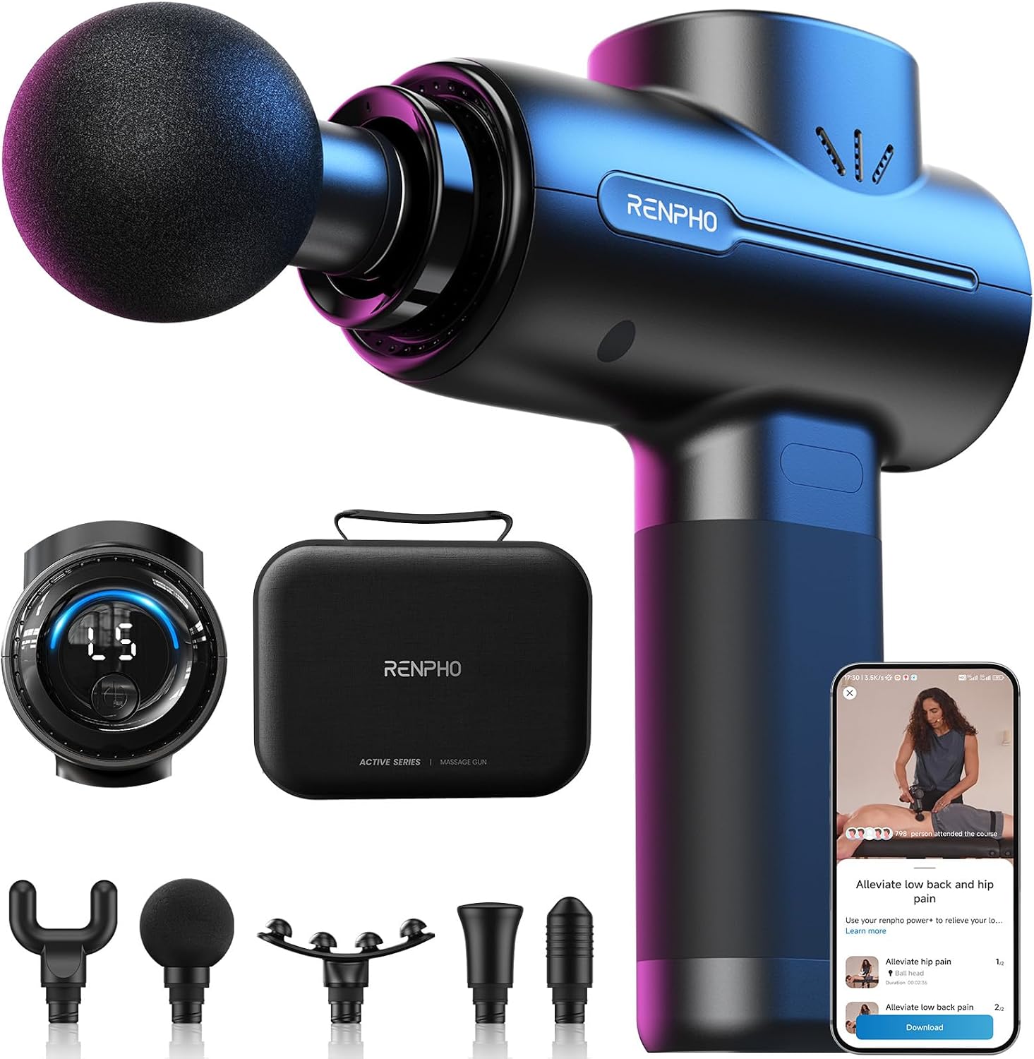 Renpho Active+ Massage Gun, App-Controlled Guided Courses, Bluetooth | Handheld Percussion Massager, Deep Tissue Muscle Relaxation, 5 Speeds, 5 Heads, Carry Case, For Athletes, Gym And Travel